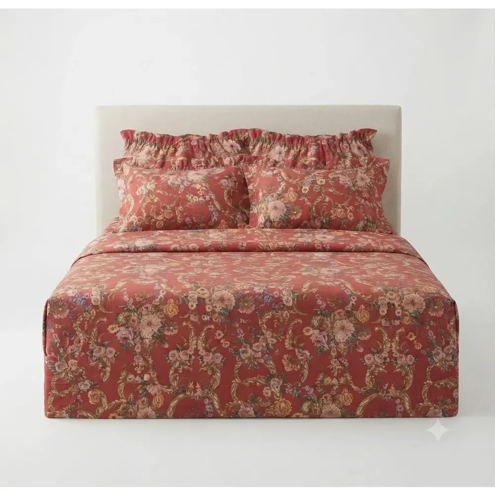 Vintage 90s Ralph Lauren Red Floral Ruffled Sheet Set King Marseilles Danielle